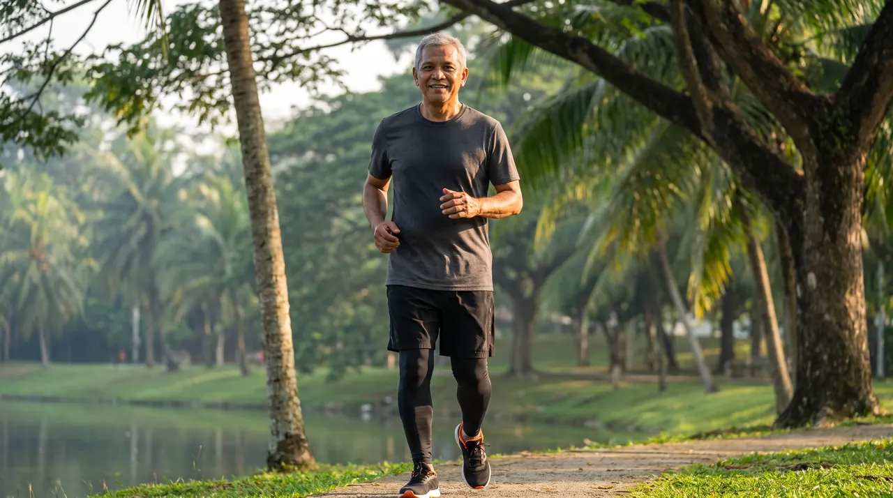 Pakcik berlari santai di tepi tasik pada waktu pagi