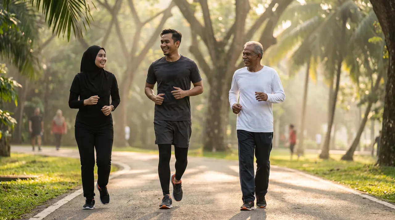 Tiga kawan berlari perlahan sambil bersembang dan ketawa