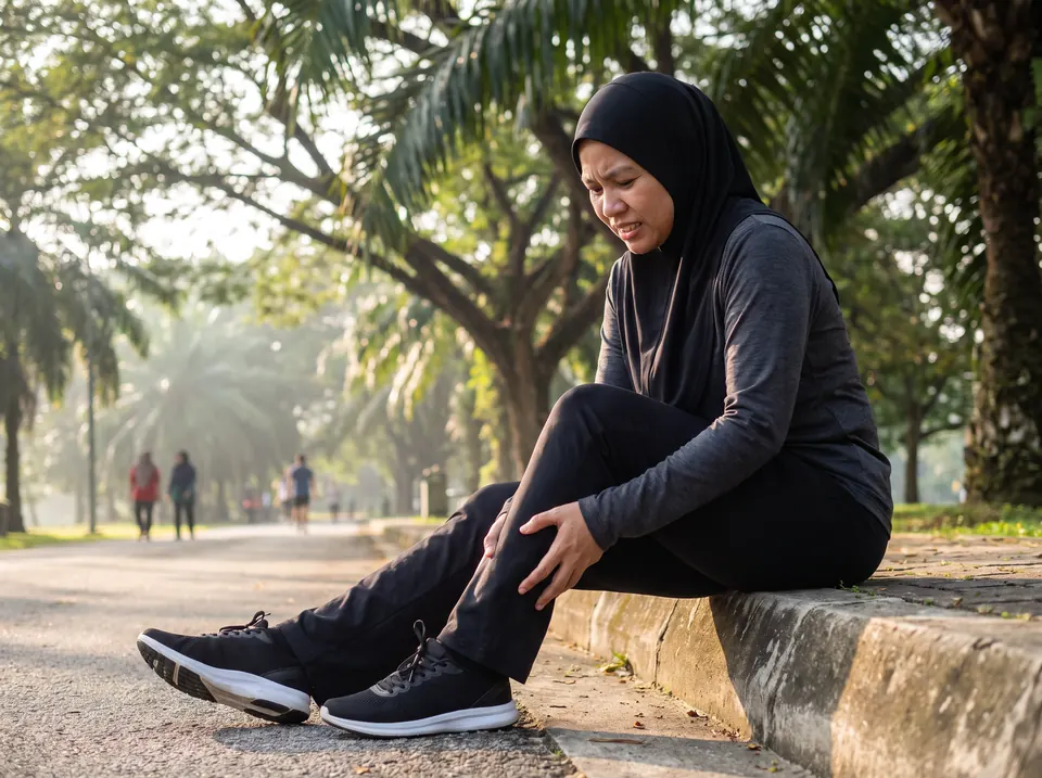 Wanita bertudung duduk mengurut tulang kering selepas berlari