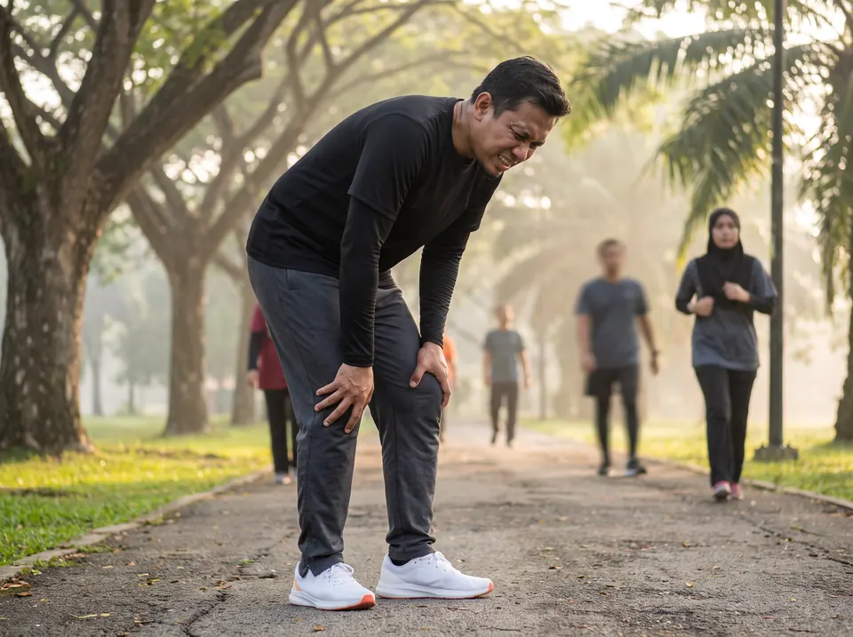 Lelaki berhenti berlari di taman sambil pegang lutut