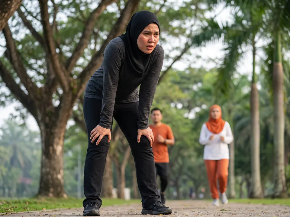 Wanita bertudung tercungap-cungap di tepi laluan larian
