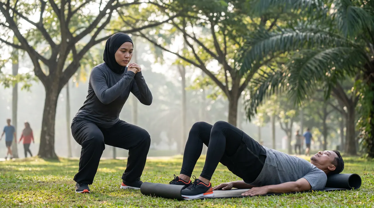 Dua orang buat latihan kekuatan di taman